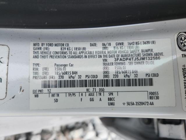 3FADP4TJ5JM132586 - 2018 FORD FIESTA S 白色 照片 13