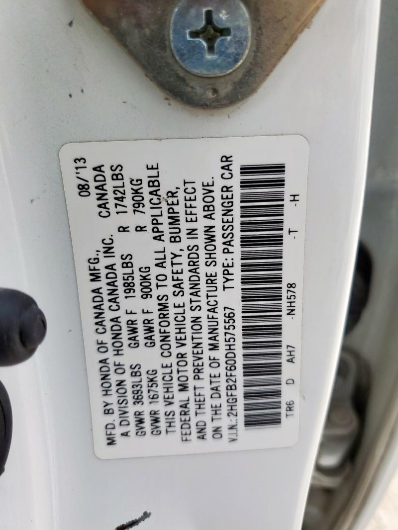 2HGFB2F60DH575567 - 2013 HONDA CIVIC HF თეთრი ფოტო 13