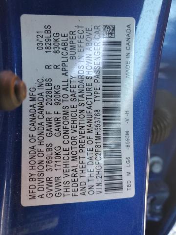 2HGFC2F81MH553768 - 2021 HONDA CIVIC SPORT Көк фото 13