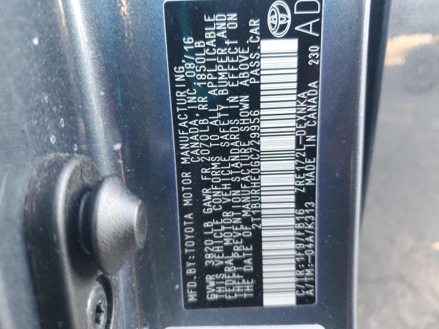 2T1BURHE0GC729956 - 2016 TOYOTA COROLLA L GRAY photo 12