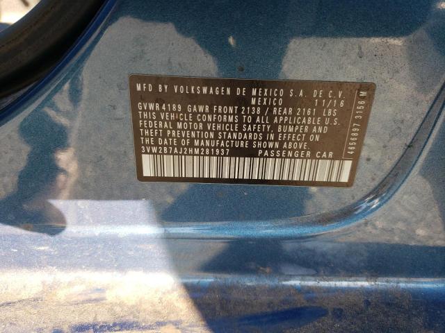 3VW2B7AJ2HM281937 - 2017 VOLKSWAGEN JETTA S BLUE photo 12