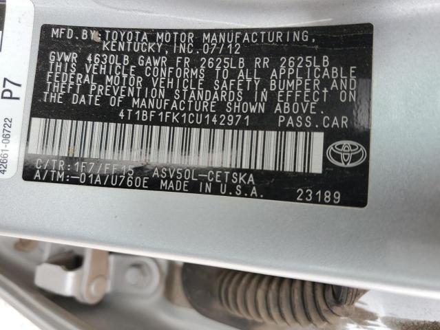 4T1BF1FK1CU142971 - 2012 TOYOTA CAMRY BASE SILVER photo 12