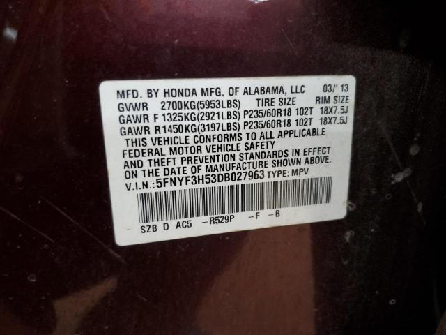 5FNYF3H53DB027963 - 2013 HONDA PILOT EXL MAROON photo 13