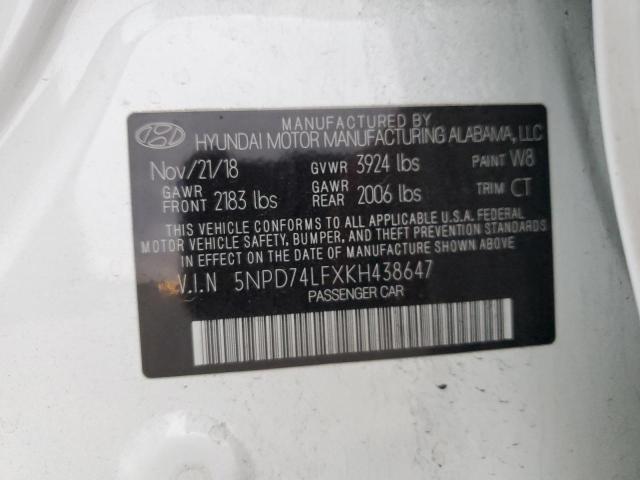 5NPD74LFXKH438647 - 2019 HYUNDAI ELANTRA SE WHITE photo 12