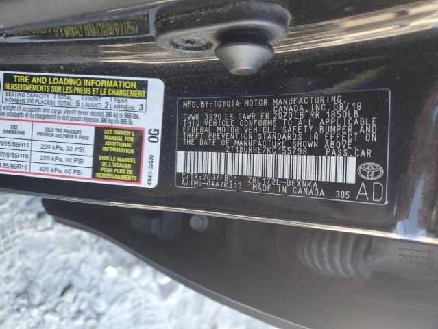 2T1BURHE7KC155798 - 2019 TOYOTA COROLLA L Czarny zdjęcie 12