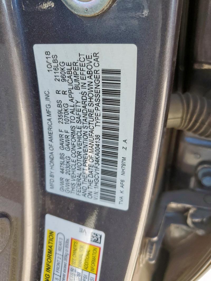 1HGCV1F34KA004136 - 2019 HONDA ACCORD SPORT ნაცრისფერი ფოტო 12