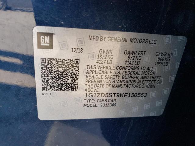 1G1ZD5ST9KF150553 - 2019 CHEVROLET MALIBU LT BLUE photo 12