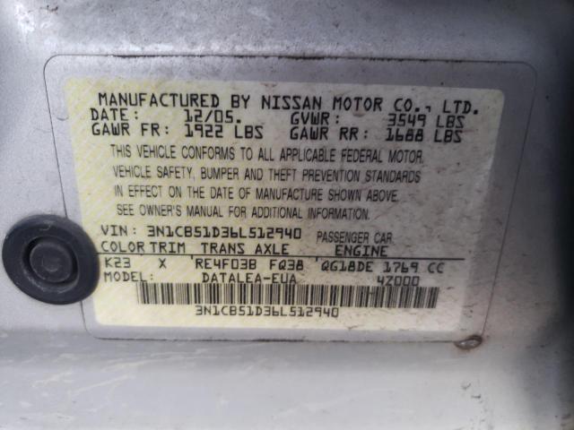 3N1CB51D36L512940 - 2006 NISSAN SENTRA 1.8 SILVER photo 12