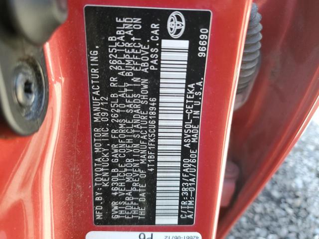 4T1BF1FK5CU618946 - 2012 TOYOTA CAMRY BASE RED photo 12
