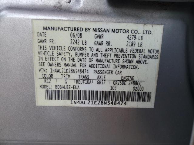 1N4AL21E28N548474 - 2008 NISSAN ALTIMA 2.5 SILVER photo 12