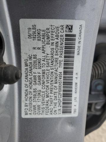 2HGFC2F6XKH574954 - 2019 HONDA CIVIC LX Сріблястий фото 13