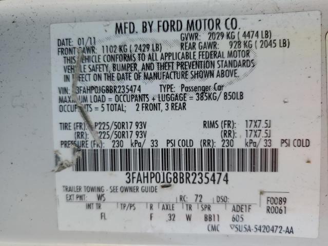 3FAHP0JG8BR235474 - 2011 FORD FUSION SEL WHITE photo 12