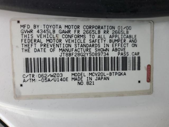 JT8BF28G2Y5089734 - 2000 LEXUS ES 300 WHITE photo 12