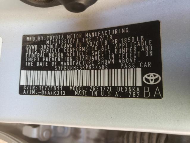 5YFBURHE5KP927585 - 2019 TOYOTA COROLLA L SILVER photo 12