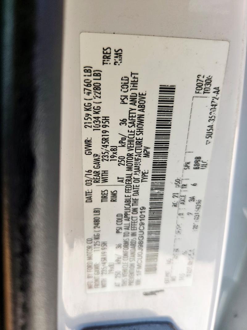 1FMCU0J98GUC91019 - 2016 FORD ESCAPE TITANIUM თეთრი ფოტო 13