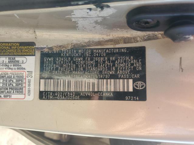 4T1BE46K47U518797 - 2007 TOYOTA CAMRY CE BEIGE photo 12
