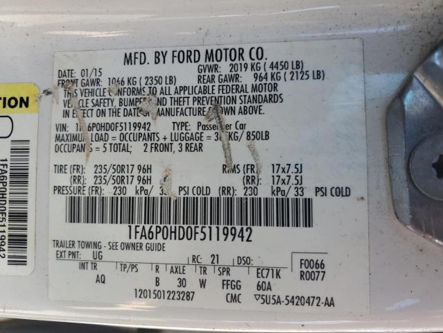 1FA6P0HD0F5119942 - 2015 FORD FUSION SE WHITE photo 13