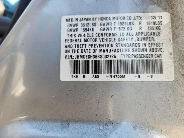 JHMGE8H36BS002726 - 2011 HONDA FIT SILVER photo 12