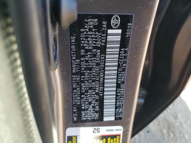 4T1B11HK8KU190283 - 2019 TOYOTA CAMRY L GRAY photo 12
