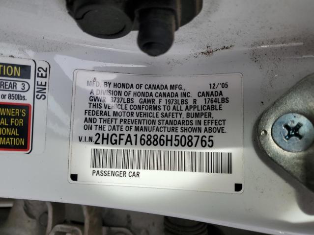 2HGFA16886H508765 - 2006 HONDA CIVIC EX WHITE photo 12