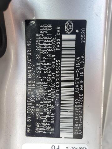 4T1BF1FK3CU066895 - 2012 TOYOTA CAMRY BASE SILVER photo 13