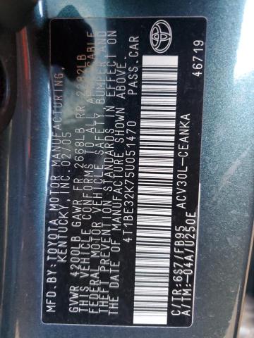 4T1BE32K75U051470 - 2005 TOYOTA CAMRY LE 绿色 照片 12