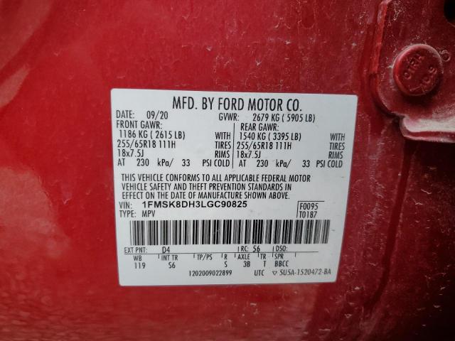 1FMSK8DH3LGC90825 - 2020 FORD EXPLORER XLT წითელი ფოტო 13