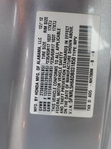 5FNRL5H68DB031850 - 2013 HONDA ODYSSEY EXL SILVER photo 12