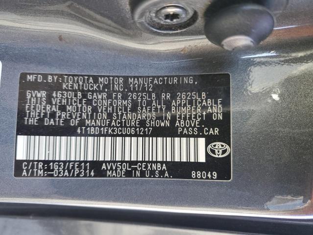 4T1BD1FK3CU061217 - 2012 TOYOTA CAMRY HYBRID GRAY photo 13