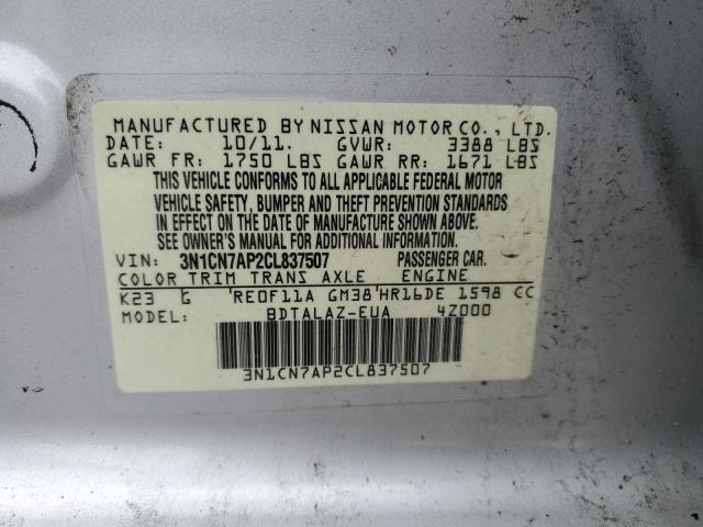 3N1CN7AP2CL837507 - 2012 NISSAN VERSA S SILVER photo 12