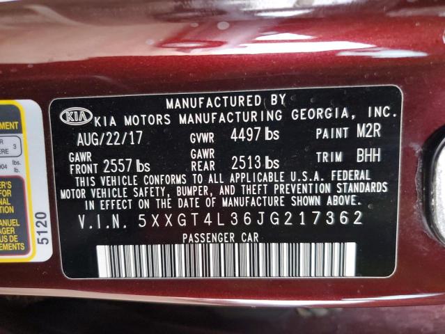 5XXGT4L36JG217362 - 2018 KIA OPTIMA LX BURGUNDY photo 12