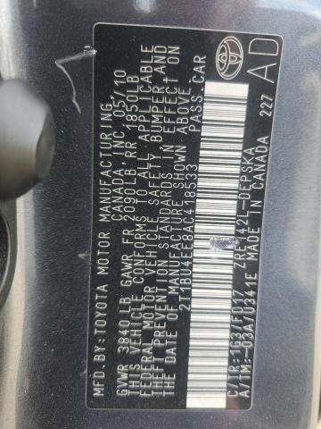 2T1BU4EE8AC418533 - 2010 TOYOTA COROLLA BASE GRAY photo 12