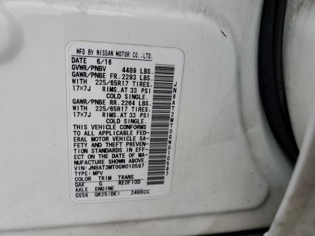 JN8AT2MT0GW010597 - 2016 NISSAN ROGUE S WHITE photo 13