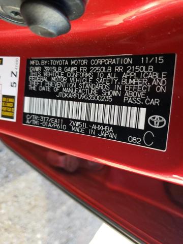 JTDKARFU9G3500235 - 2016 TOYOTA PRIUS RED photo 12