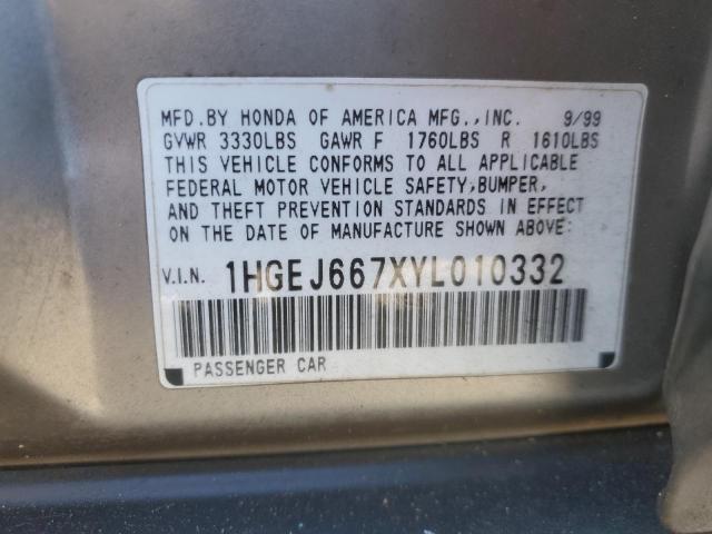 1HGEJ667XYL010332 - 2000 HONDA CIVIC LX Krem foto 12