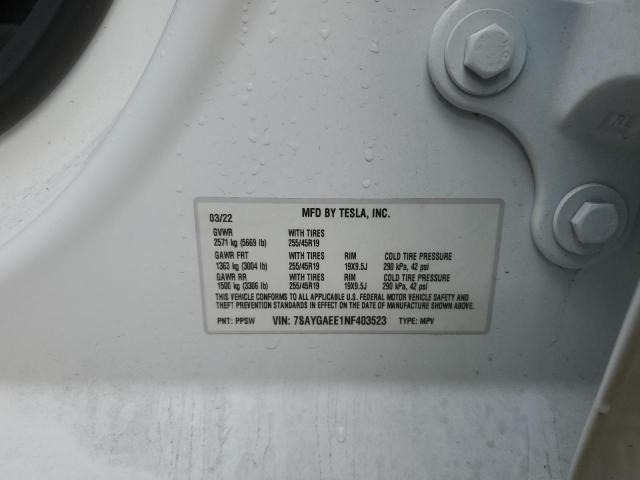 7SAYGAEE1NF403523 - 2022 TESLA MODEL Y Білий фото 12