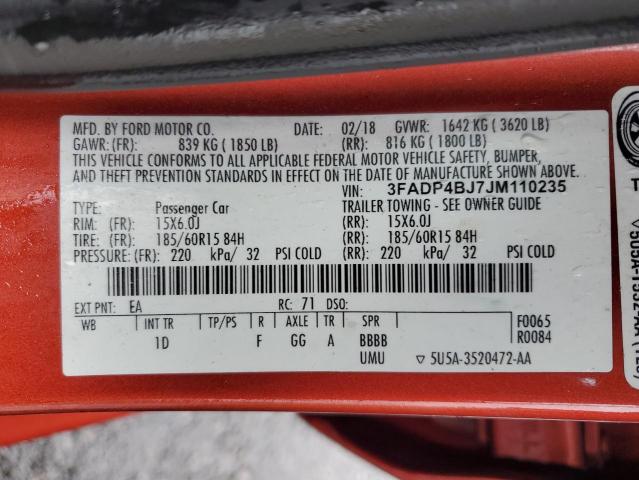 3FADP4BJ7JM110235 - 2018 FORD FIESTA SE Orange Foto 13