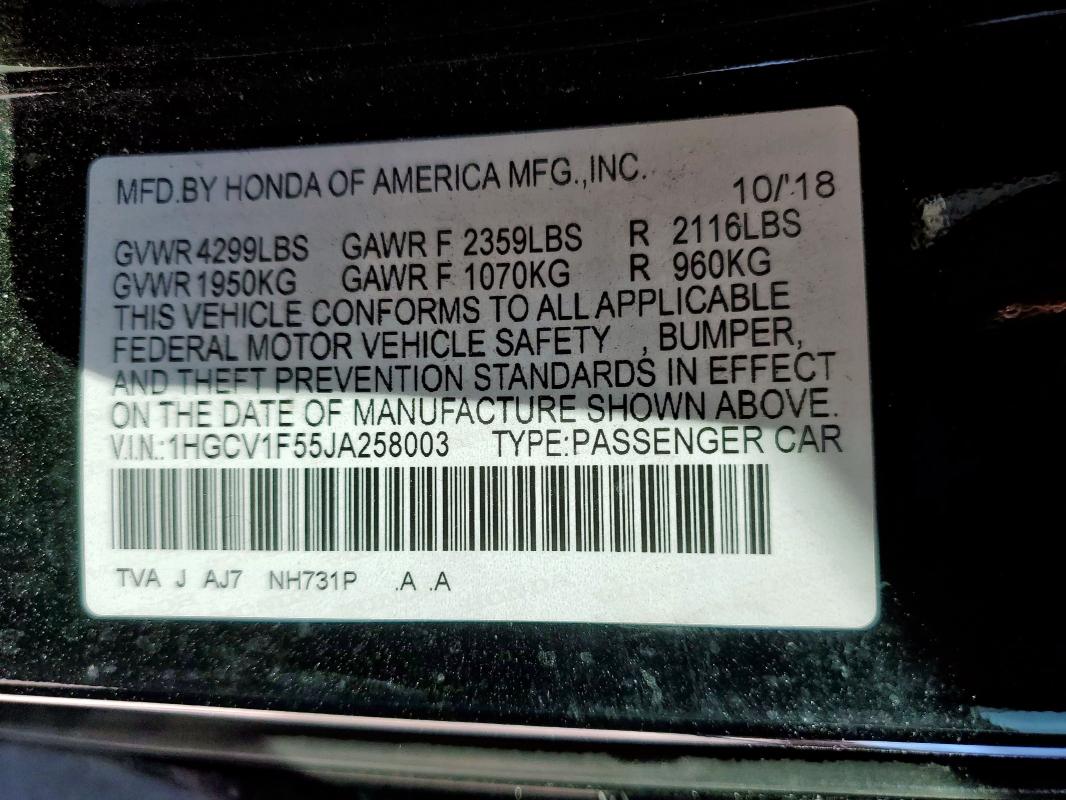 1HGCV1F55JA258003 - 2018 HONDA ACCORD EXL أسود صورة 12