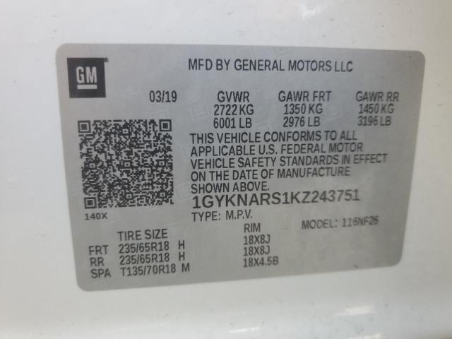 1GYKNARS1KZ243751 - 2019 CADILLAC XT5 Ağ foto 12