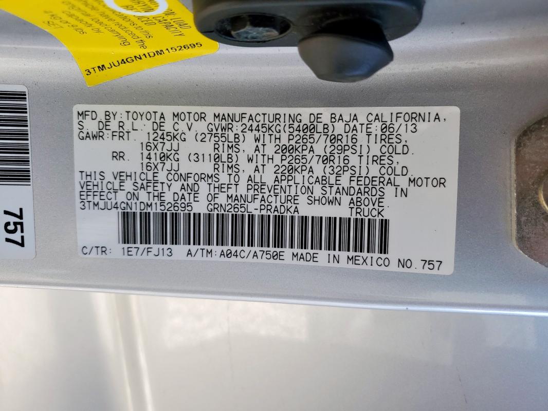 3TMJU4GN1DM152695 - 2013 TOYOTA TACOMA DOUBLE CAB PRERUNNER SILVER photo 13