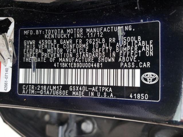 4T1BK1EB9DU004481 - 2013 TOYOTA AVALON BASE 黑色 照片 12