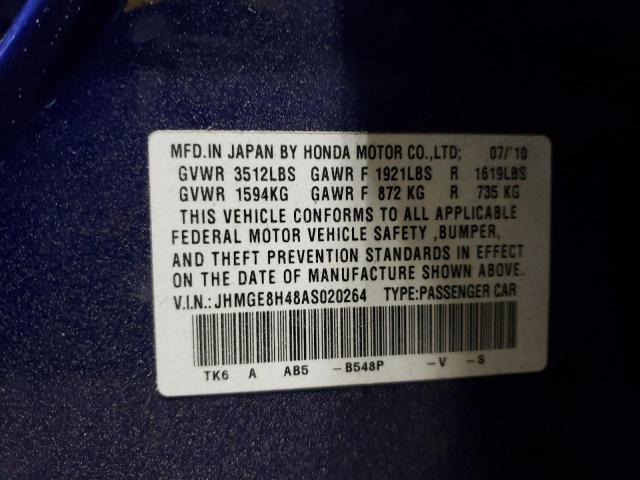 JHMGE8H48AS020264 - 2010 HONDA FIT SPORT BLUE photo 12