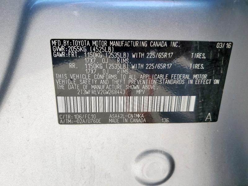 2T3WFREV2GW268443 - 2016 TOYOTA RAV4 XLE SILVER photo 13