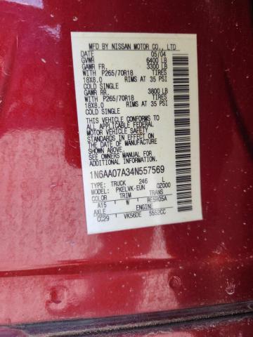 1N6AA07A34N557569 - 2004 NISSAN TITAN XE წითელი ფოტო 12
