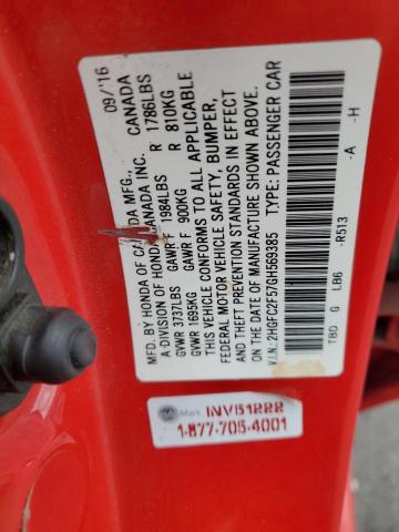 2HGFC2F57GH569385 - 2016 HONDA CIVIC LX 红色 照片 13