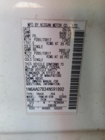 1N6AA07B34N591892 - 2004 NISSAN TITAN XE WHITE photo 12