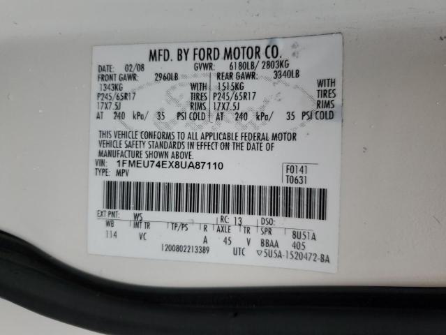 1FMEU74EX8UA87110 - 2008 FORD EXPLORER EDDIE BAUER Ақ фото 12