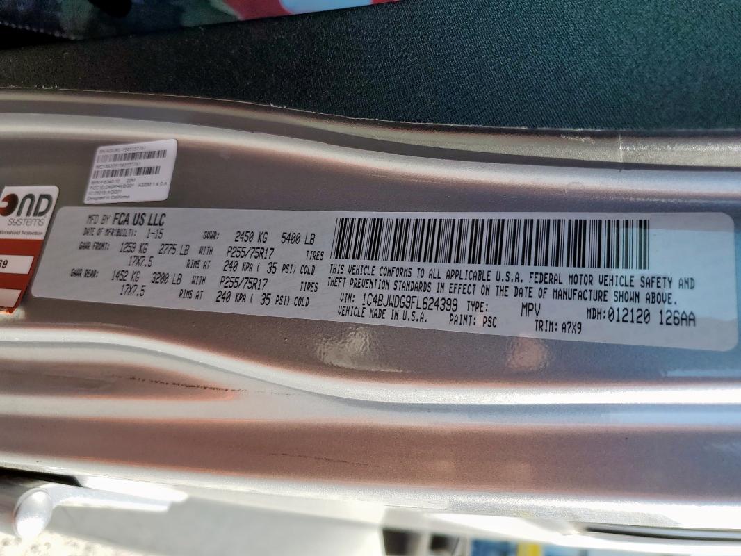 1C4BJWDG9FL624399 - 2015 JEEP WRANGLER U SPORT Plata foto 13