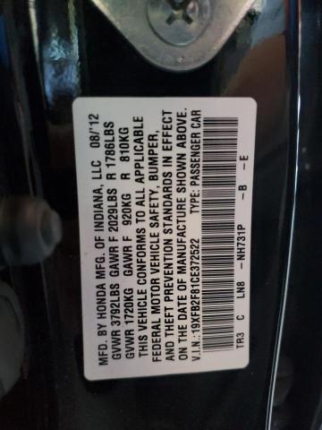 19XFB2F81CE372522 - 2012 HONDA CIVIC EX BLACK photo 12