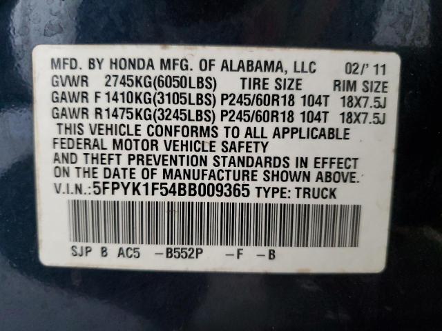 5FPYK1F54BB009365 - 2011 HONDA RIDGELINE RTL BLUE photo 12